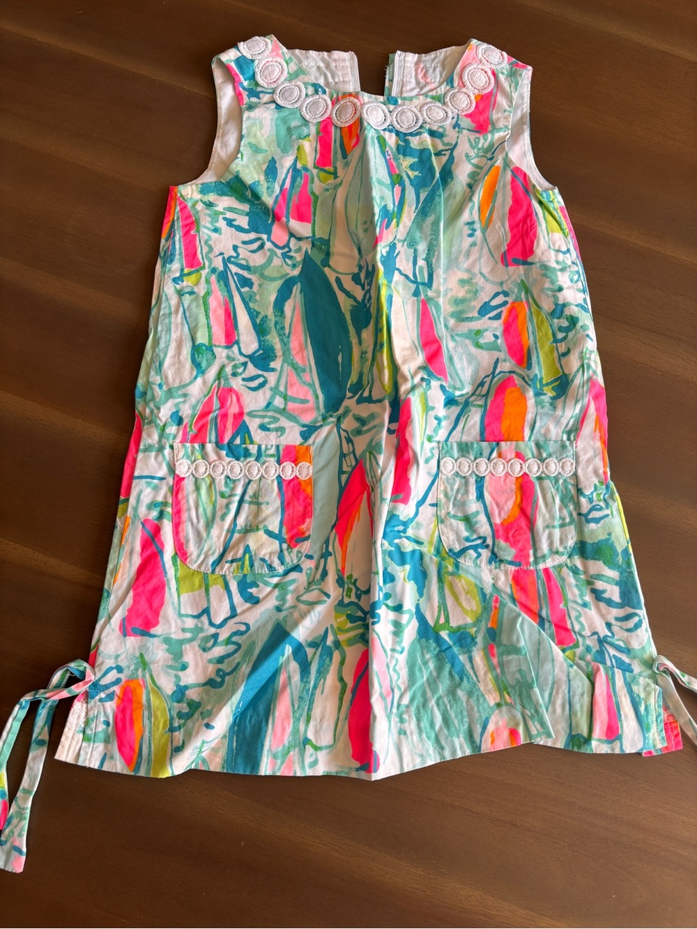 Lilly Pulitzer Girls A-Line Dress in White with Pink, Blue & Lime Sailboat Print